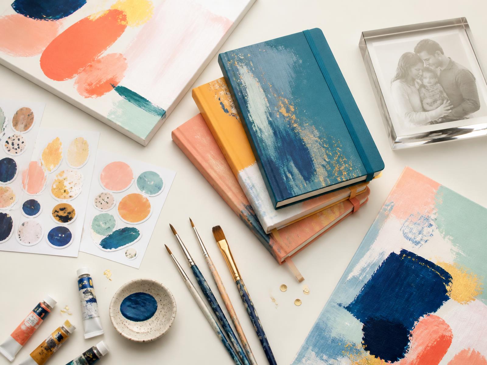 Painted canvases, personalized journals, sticker sheets and a photo glass keepsake from Color Room Studio