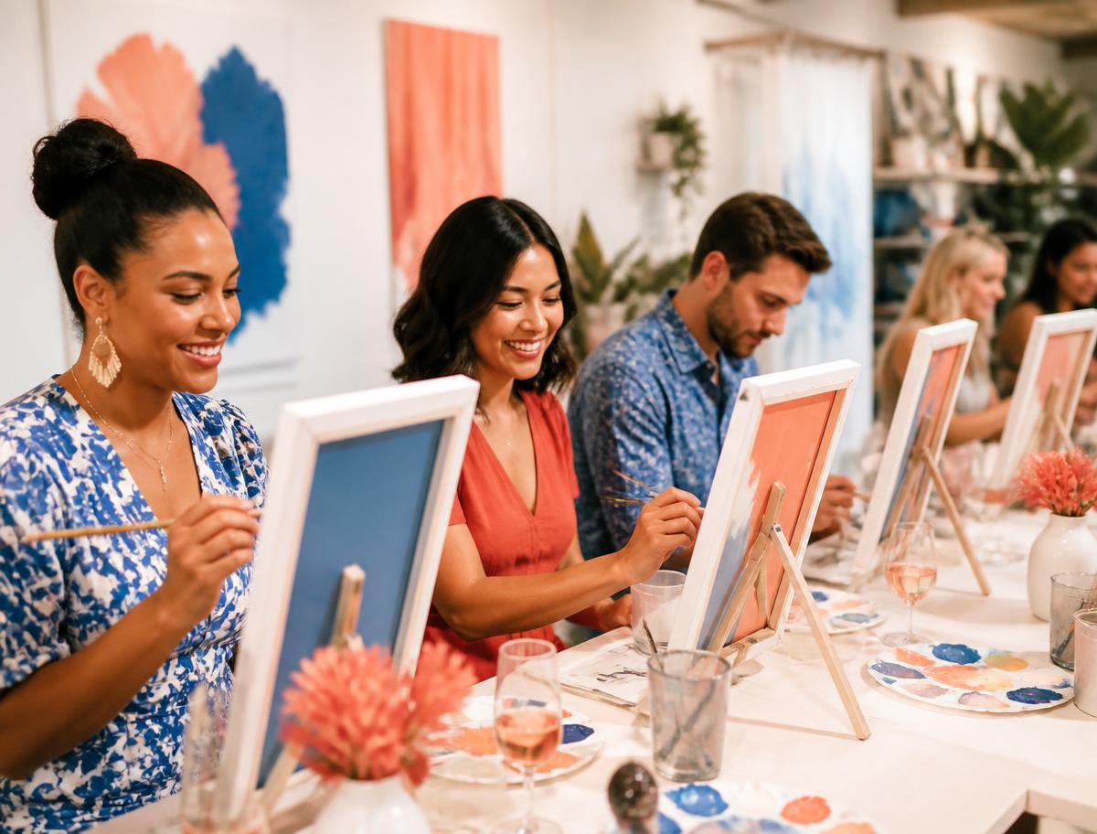 Guests painting canvases at a Color Room Studio paint party